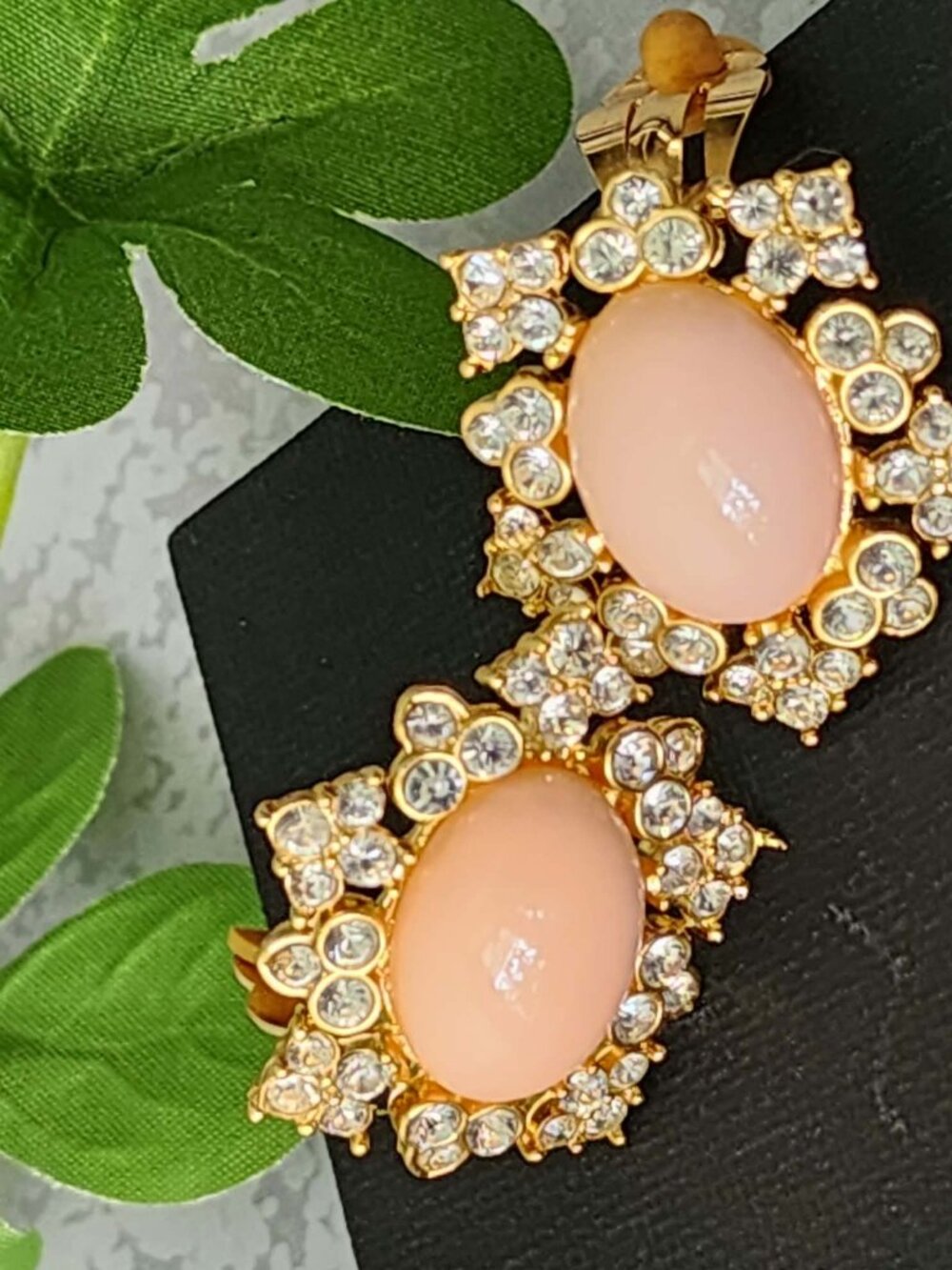 Joan Rivers Pink Mabe Pearl Cabochon Crystal Clip-On Earrings Signed